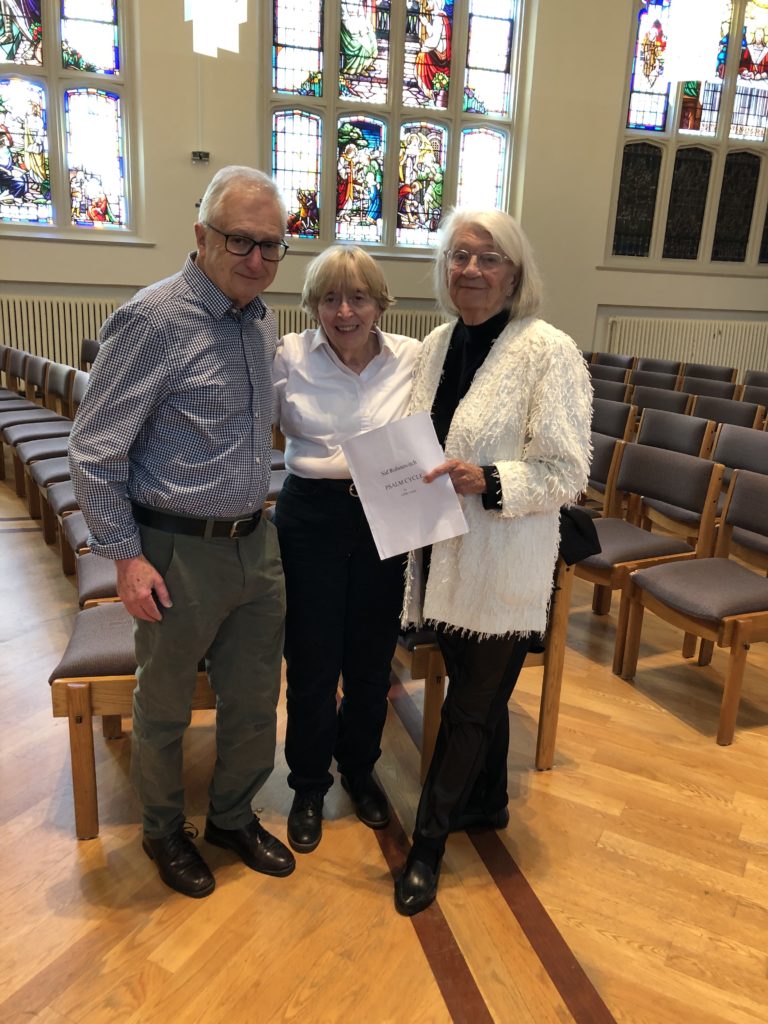 Sid Robinovitch with Lydia Adams and Jessie Iseler at "Psalm Cycle" rehearsal for Celestial Light 2023 at Eglinton St. George's United Church, Toronto