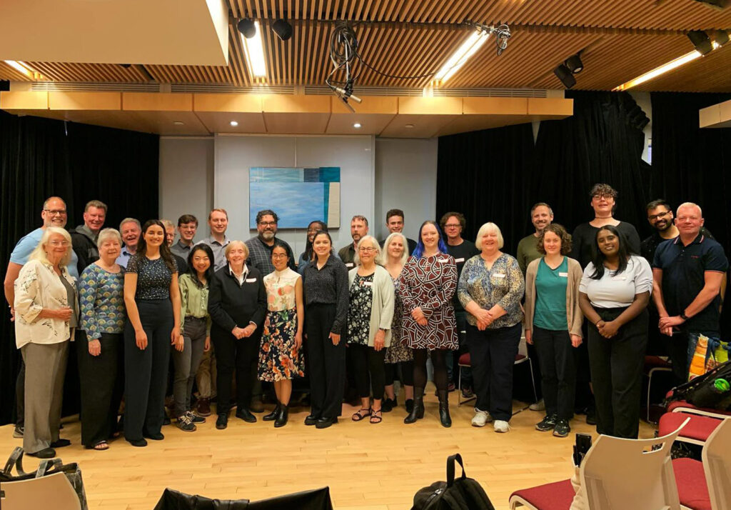 2025 workshop conductors: Ania Suri, Christopher Burton, Yuan Chen, Edmee Nataprawira, Nila Rajagopal, Tyler Versluis and Jonathan Alter; with EIS Artistic Director Lydia Adams, EIS General Manager Jessie Iseler and the members of the Elmer Iseler Singers.