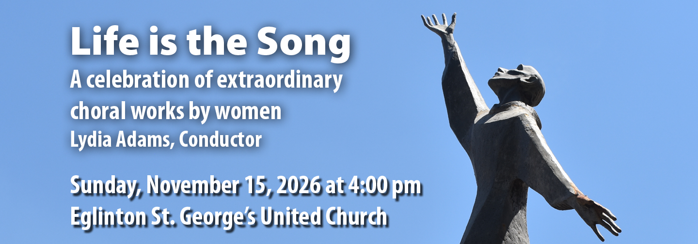 Life is the Song choral concert details positioned on the left against a clear blue sky, while a dark statue with arms raised stands in the foreground on the right.